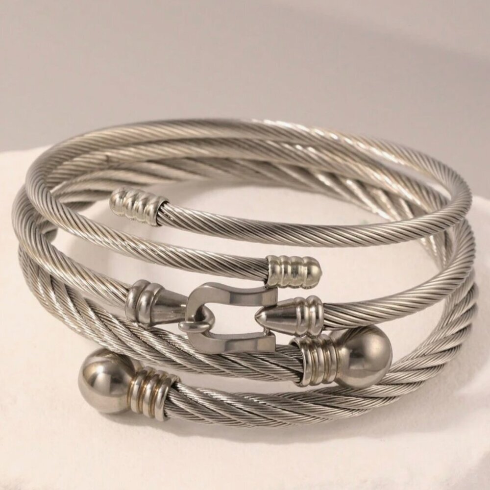 Silver Cable Twisted Wired Bracelet Three pieces Set Silver Plated - Picture 2 of 6